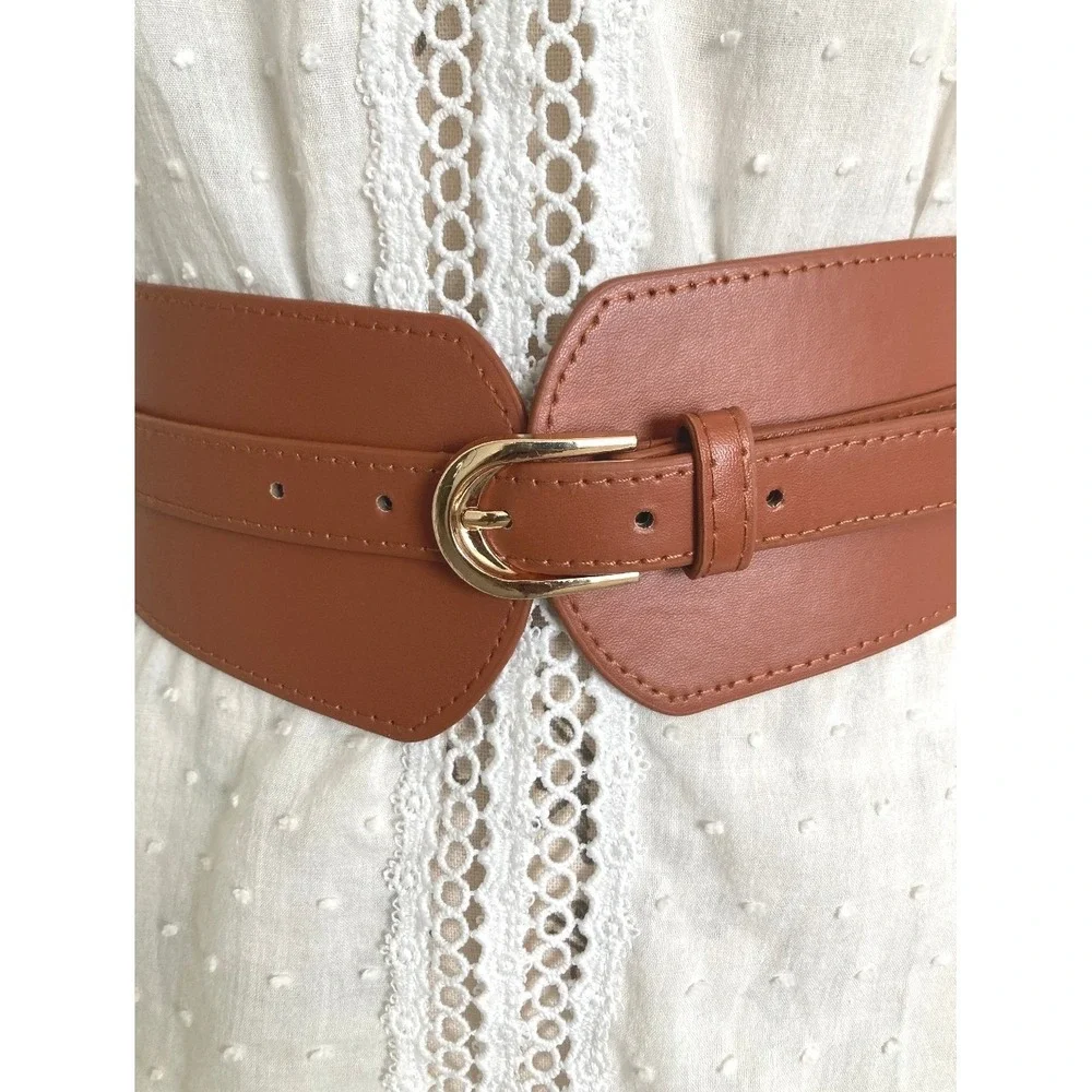 Corset Faux Leather Brown Wide Waist Belt Western Thick Stretch Gold Buckle